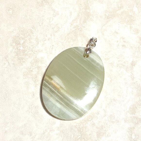 Natural Pale Green Onyx Pendant, Large Genuine Gemstone Oval Pendant - Picture 1 of 11